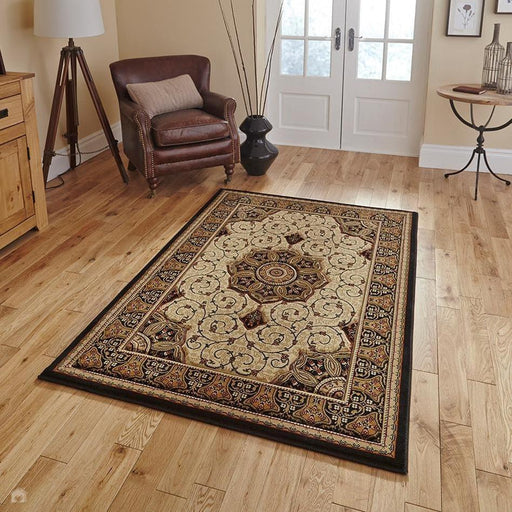 Heritage 4400 Traditional Medallion Floral Tonal Vines Border Soft Hand-Carved Hi-Low Black/Cream/Beige Rug
