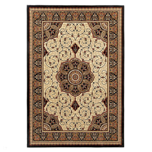 Heritage 4400 Traditional Medallion Floral Tonal Vines Border Soft Hand-Carved Hi-Low Black/Cream/Beige Rug