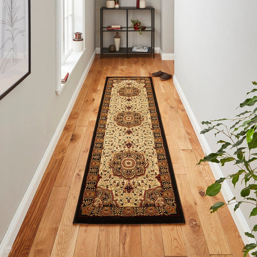 Heritage 4400 Traditional Medallion Floral Tonal Vines Border Soft Hand-Carved Hi-Low Black/Cream/Beige Runner