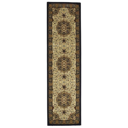 Heritage 4400 Traditional Medallion Floral Tonal Vines Border Soft Hand-Carved Hi-Low Black/Cream/Beige Runner