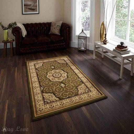 Heritage 4400 Traditional Medallion Floral Tonal Vines Border Soft Hand-Carved Hi-Low Green Rug