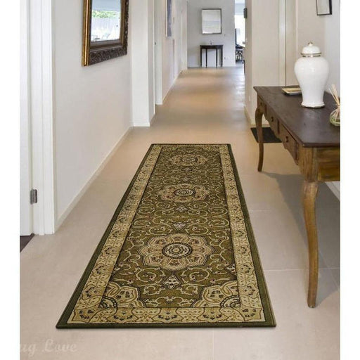 Heritage 4400 Traditional Medallion Floral Tonal Vines Border Soft Hand-Carved Hi-Low Green Runner