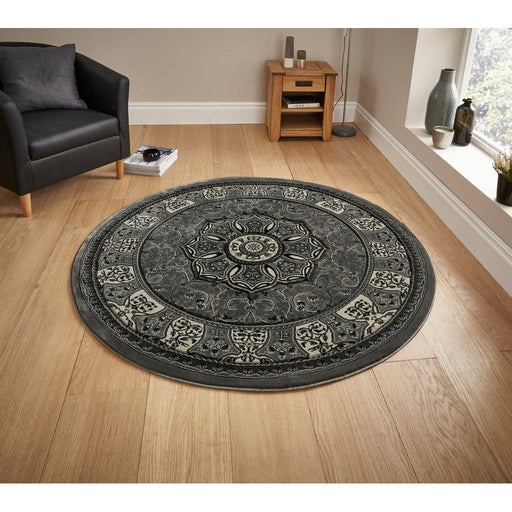 Heritage 4400 Traditional Medallion Floral Tonal Vines Border Soft Hand-Carved Hi-Low Silver Round Rug