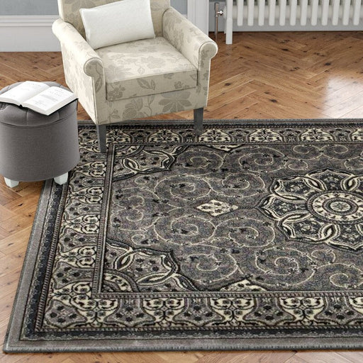 Heritage 4400 Traditional Medallion Floral Tonal Vines Border Soft Hand-Carved Hi-Low Silver/Dark Grey Rug