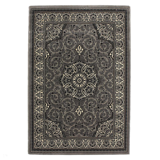Heritage 4400 Traditional Medallion Floral Tonal Vines Border Soft Hand-Carved Hi-Low Silver/Dark Grey Rug