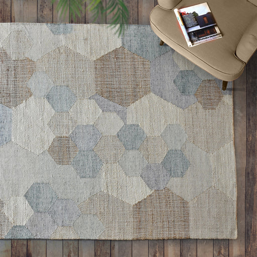 Hexagonal Blue And Natural Hemp Wool Rug