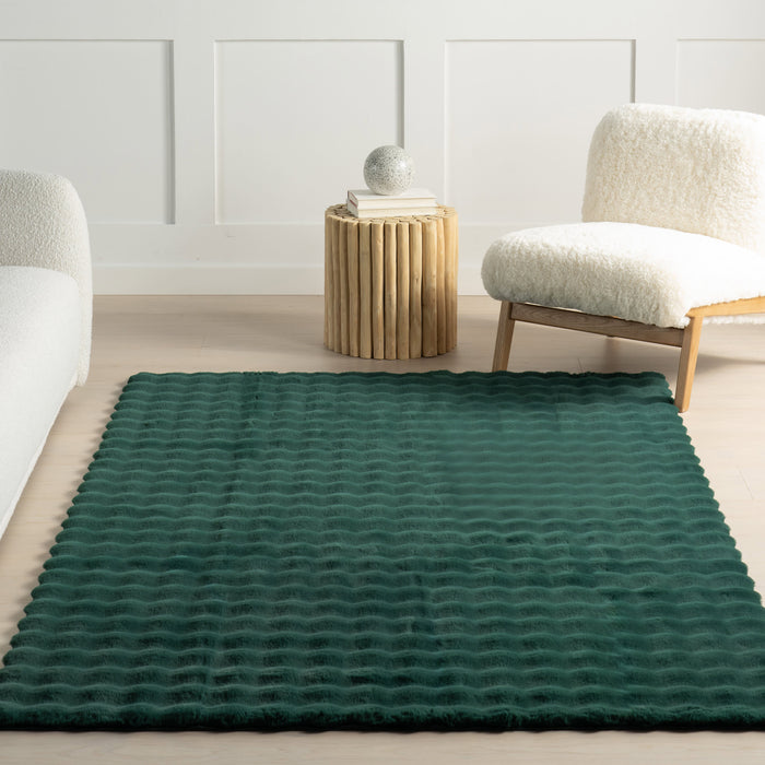 Hunter Green Checkered Plush Washable Rug 140x200 cm