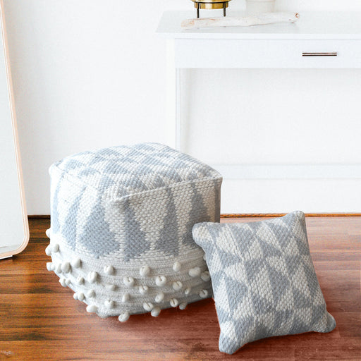 Iluka Hand-Woven Pouf in Baby Blue and Ivory