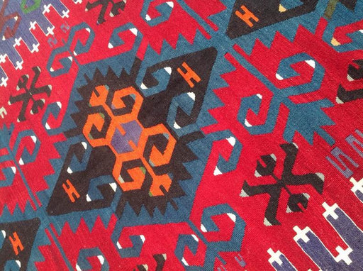 Kilim turco vintage rosso indaco 306 cm x 183 cm in lana e cotone