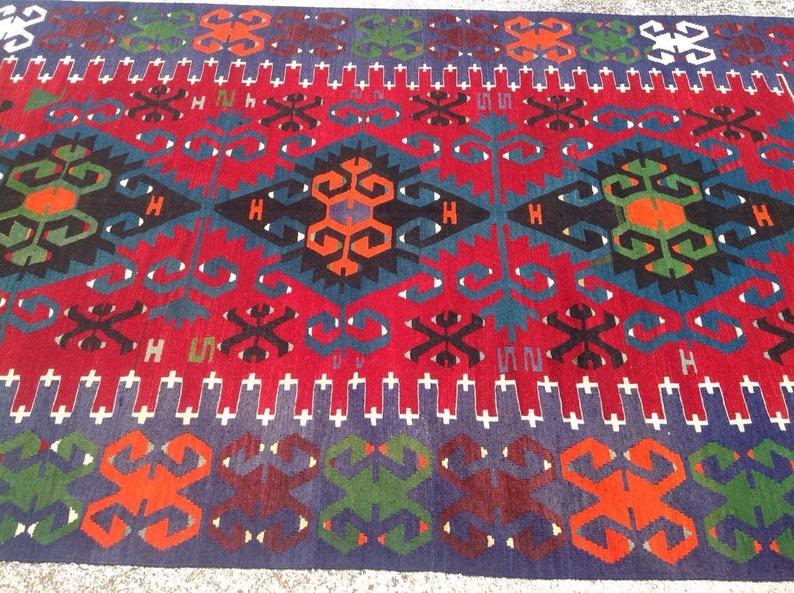 Kilim turco vintage rosso indaco 306 cm x 183 cm in lana e cotone