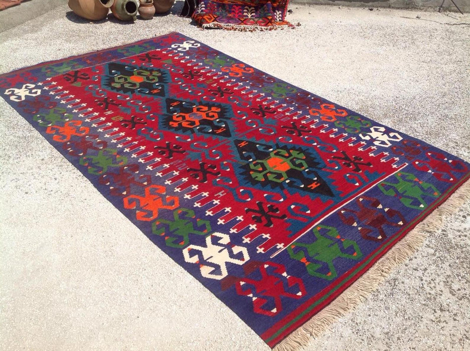 Kilim turco vintage rosso indaco 306 cm x 183 cm in lana e cotone