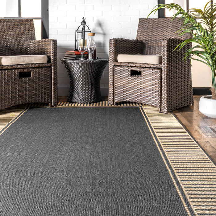 Indoor Outdoor Flatweave Rug Dark Grey Striped Design 150x240 cm