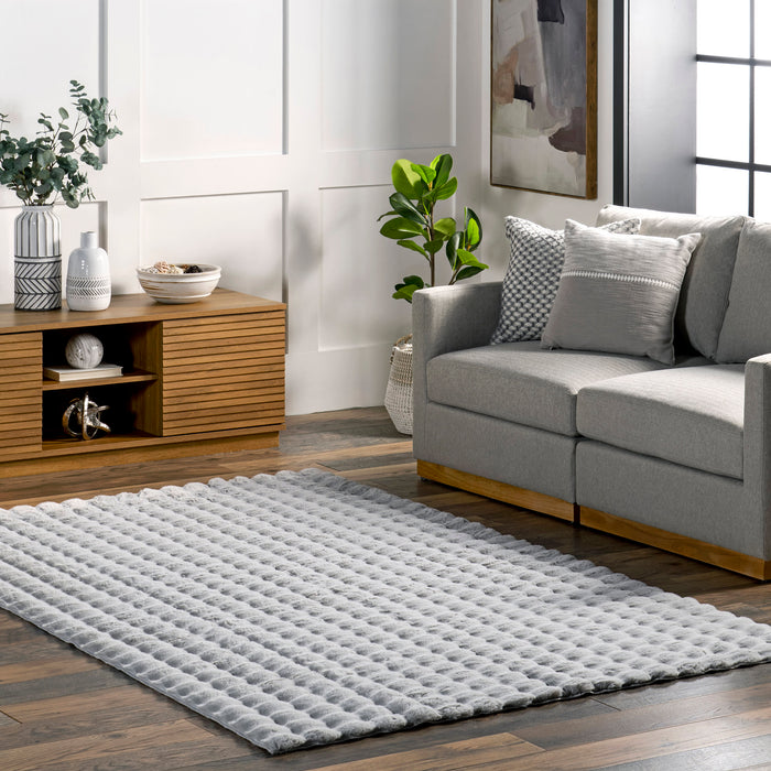 Ivana Silver Checkered Plush Washable Cloud Rug 120x180 cm