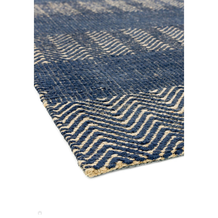 Ives Runner geometrico moderno a zigzag in iuta e cotone intrecciato a mano, resistente, strutturato, morbido al tatto, a trama piatta, blu navy