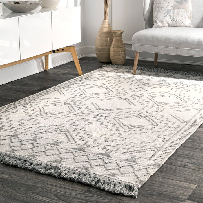 Ivory Aztec Diamond Chevron Tassel Area Rug 150x240 cm