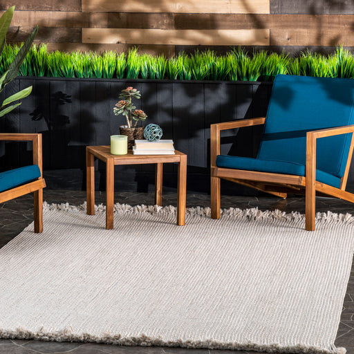 Ivory Braided Tassel Area Rug for Indoor and Outdoor Use