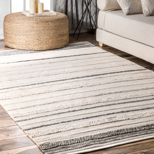 Ivory Cotton-Blend Area Rug with Stylish Stitch Pattern