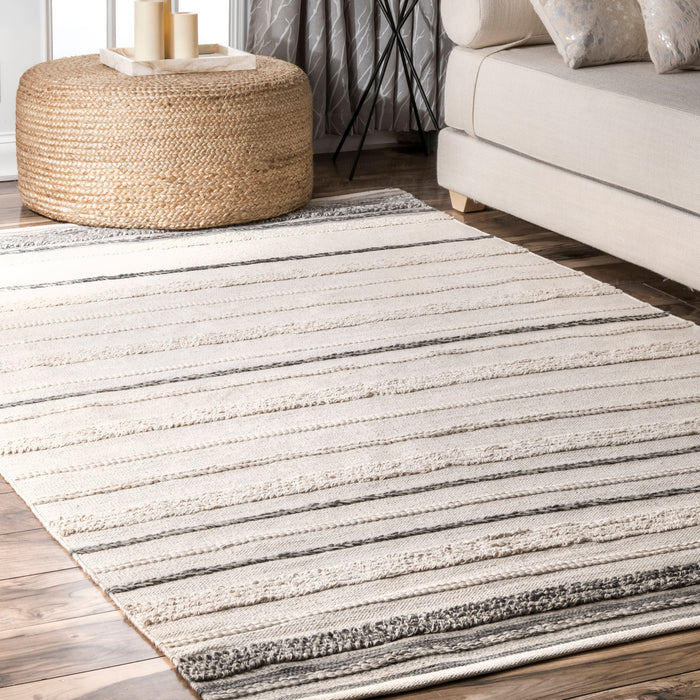 Ivory Cotton-Blend Area Rug with Stylish Stitch Pattern
