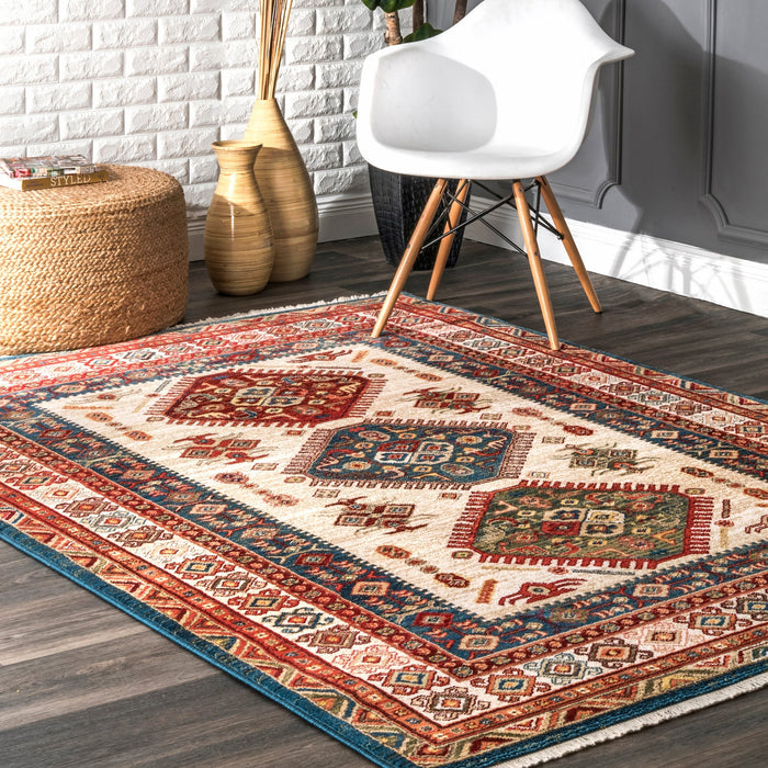 Ivory Fringed Area Rug with Global-Inspired Pattern