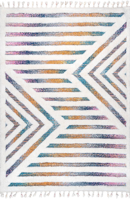 Ivory Shag Area Rug With Rippled Stripes 120cm