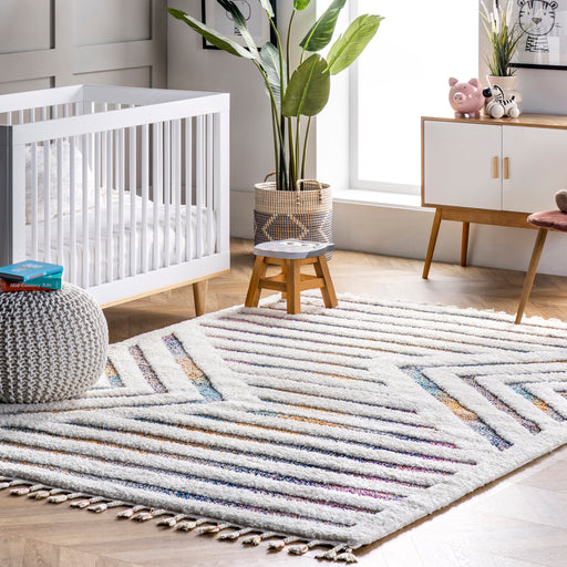 Ivory Shag Area Rug With Rippled Stripes 120cm