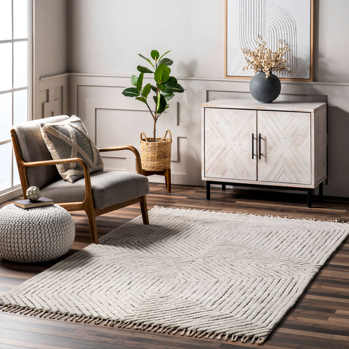 Ivory Tasseled Area Rug for Contemporary Living Room