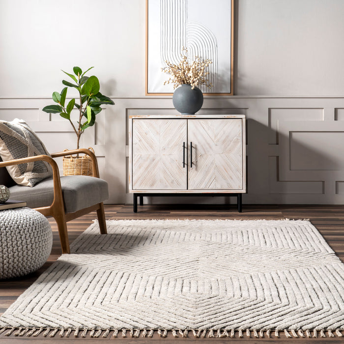 Ivory Tasseled Area Rug for Contemporary Living Room