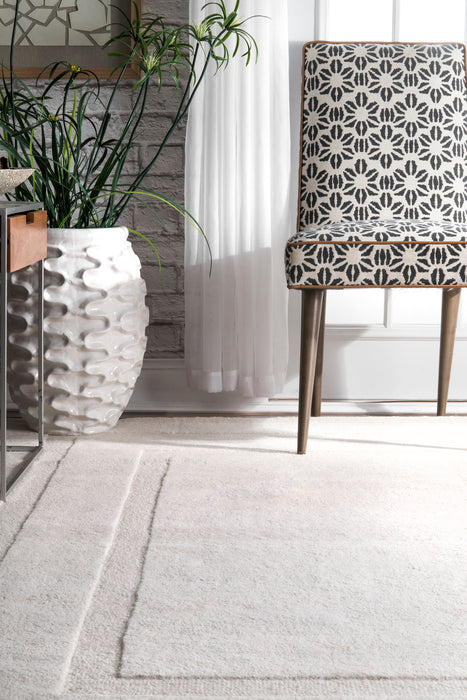 Ivory Wool Area Rug With Double Border Design