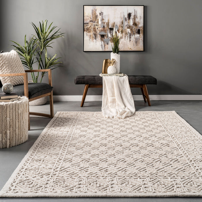 Ivory Wool Area Rug with Geometric Pattern 160 cm x 230 cm