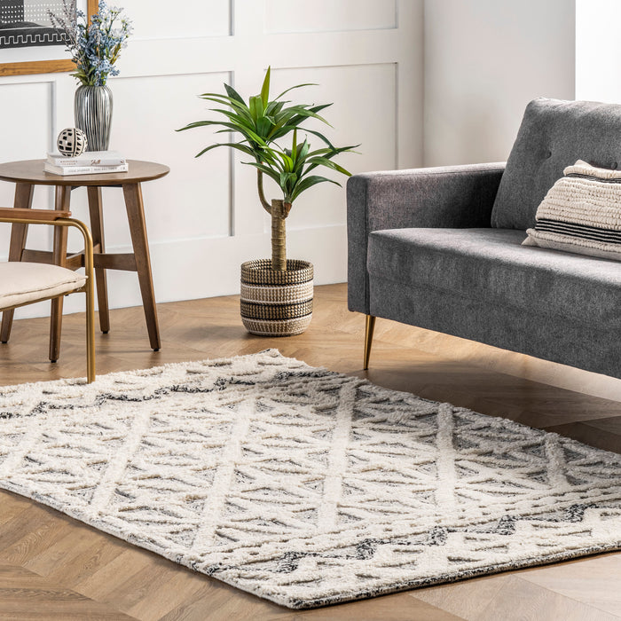 Ivory Wool Lattice Area Rug 160x230 cm