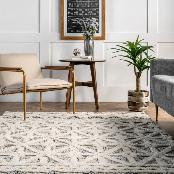 Ivory Wool Lattice Area Rug 160x230 cm