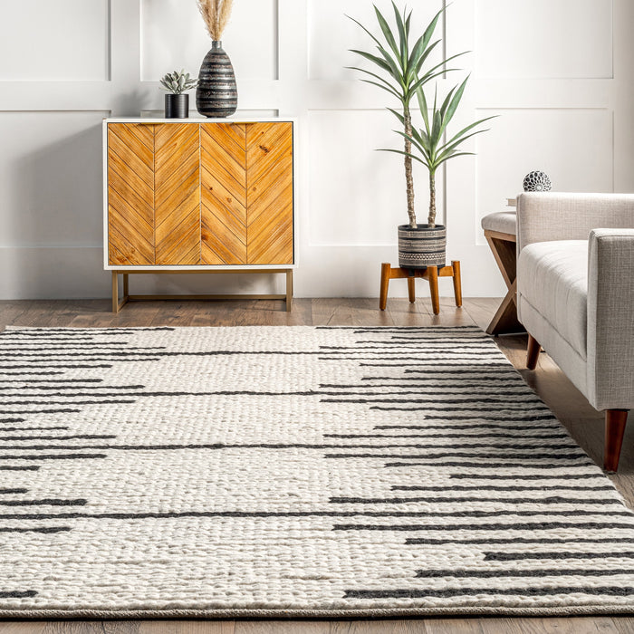 Ivory Wool Pinstriped Area Rug 120x180 cm