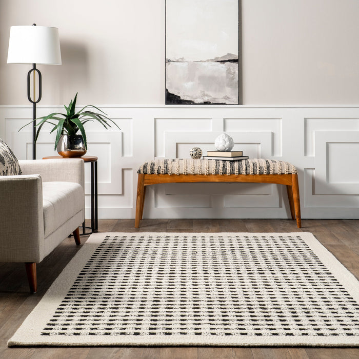 Ivory Wool Striped Area Rug for Modern Living Spaces