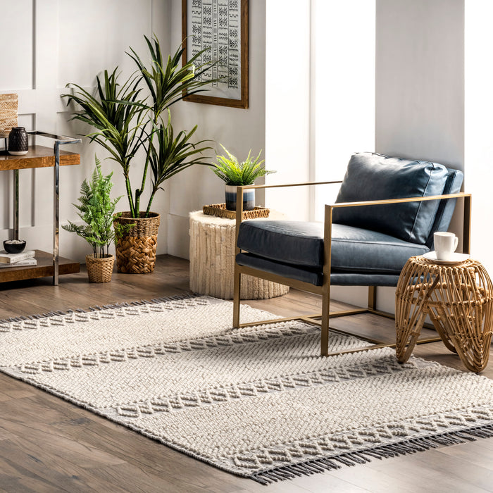 Ivory Wool Textured Area Rug 160 cm x 230 cm