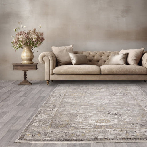 Jasper JA03 Traditional Vintage Distressed Shimmer Floral Heirloom Border Soft-Touch Polyester Flat-Pile Taupe/Grey Rug