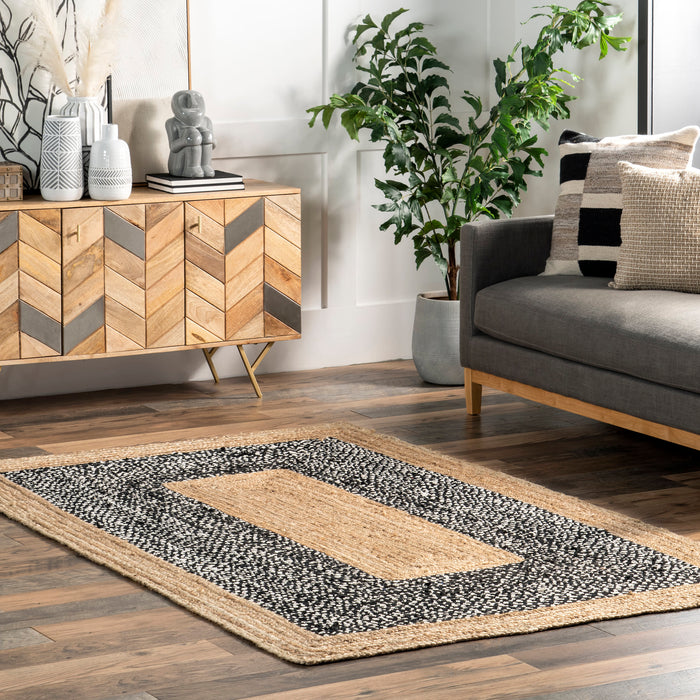 Jute Cotton Area Rug 120cm Black Handbraided Indian Design