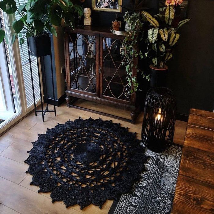 Jute Plain Hand-Woven Flatweave Black Round Rug