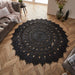 Jute Plain Hand-Woven Flatweave Black Round Rug