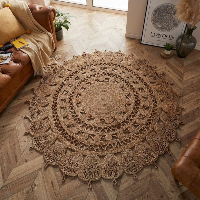 Jute Plain Hand-Woven Flatweave Natural/Brown/Cream Round Rug