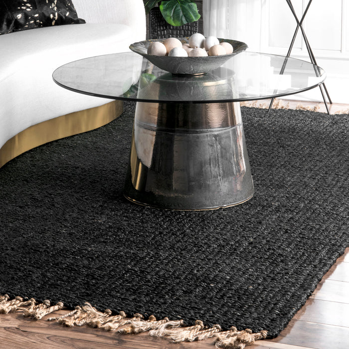 Jute Tassel Area Rug in Black for Home Decor