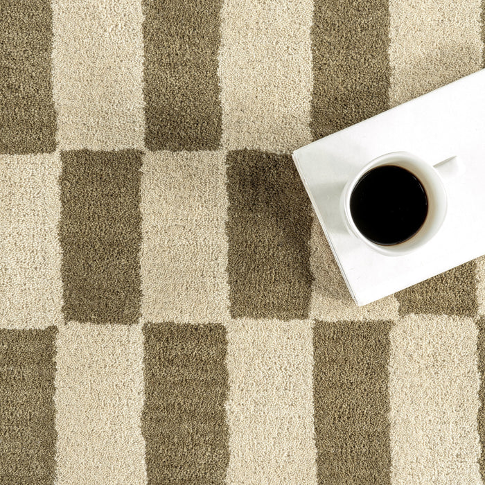 Kai Wool Checkerboard Rug in Olive Green