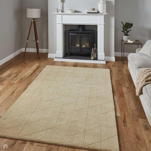 Kasbah KB2025 Modern Plain Geometric Hand-Carved Block Lines Wool Beige Rug