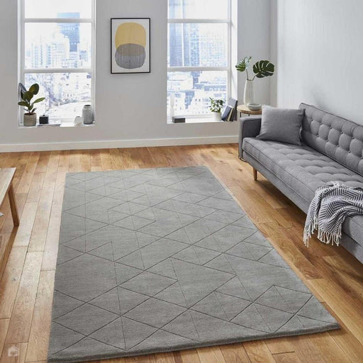 Kasbah KB2025 Modern Plain Geometric Hand-Carved Block Lines Wool Grey Rug