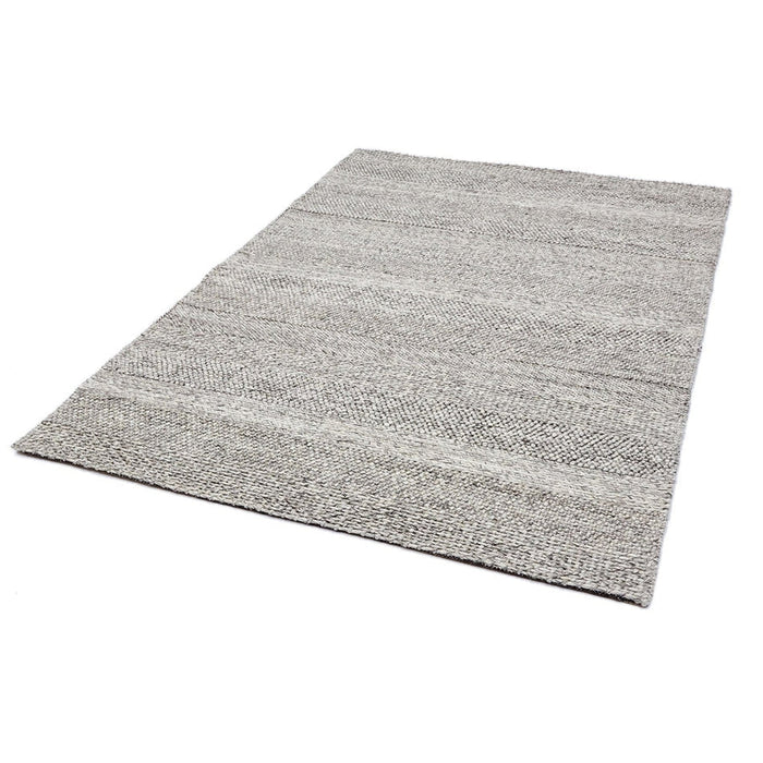 Katherine Carnaby Coast CS07 Modern Designer Plain Stripe Hand-Woven Textured Wool&Viscose Flatweave Grey Marl/Cream Rug