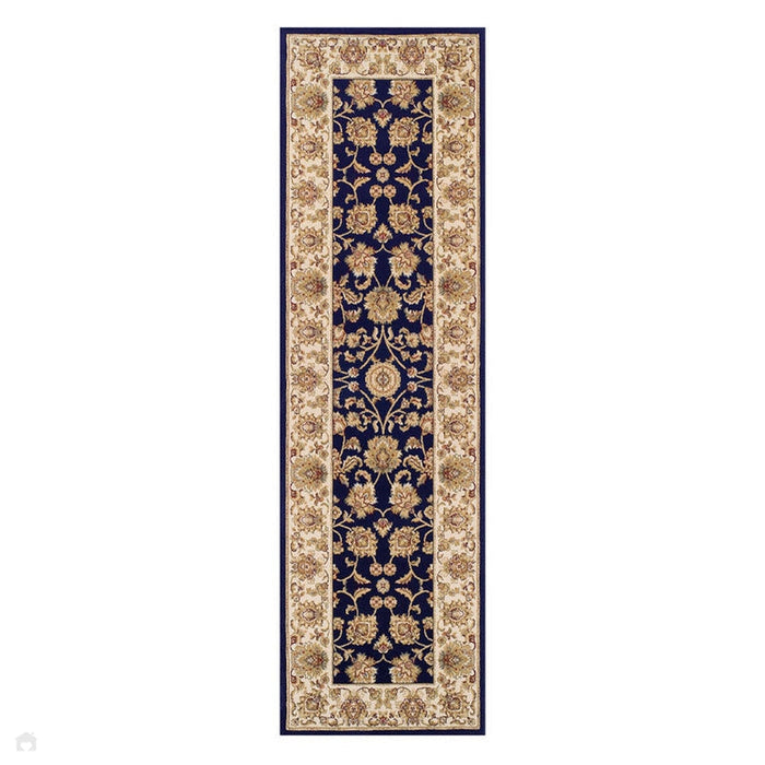 Kendra 3330 B Tappeto persiano tradizionale classico floreale bordato di vite resistente alle macchie blu scuro/beige/sabbia