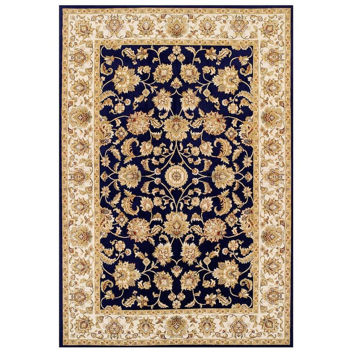 Kendra 3330 B Tappeto persiano tradizionale classico floreale bordato di vite resistente alle macchie blu scuro/beige/sabbia