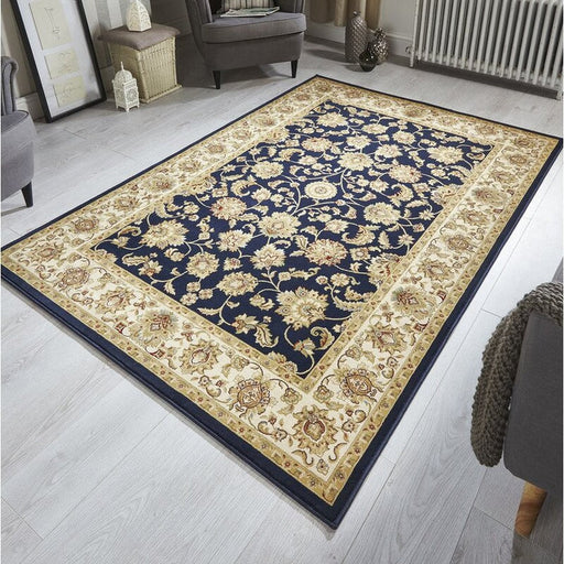 Kendra 3330 B Traditional Persian Classic Floral Vine Bordered Stain-Resistant Navy/Beige/Sand Rug