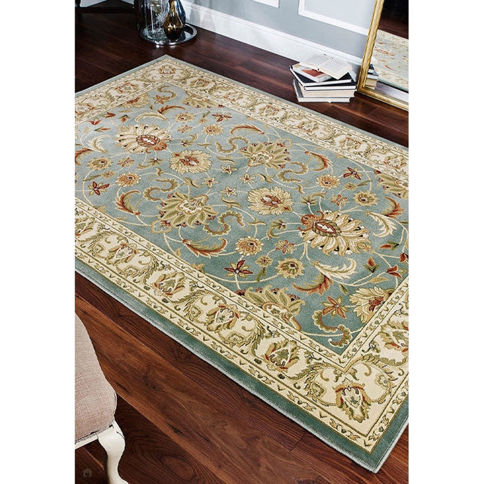 Kendra 45 L Traditional Persian Classic Floral Vine Bordered Stain-Resistant Aqua Green Turquoise Duck Egg Rug