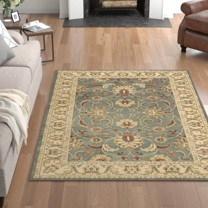 Kendra 45 L Traditional Persian Classic Floral Vine Bordered Stain-Resistant Aqua Green Turquoise Duck Egg Rug