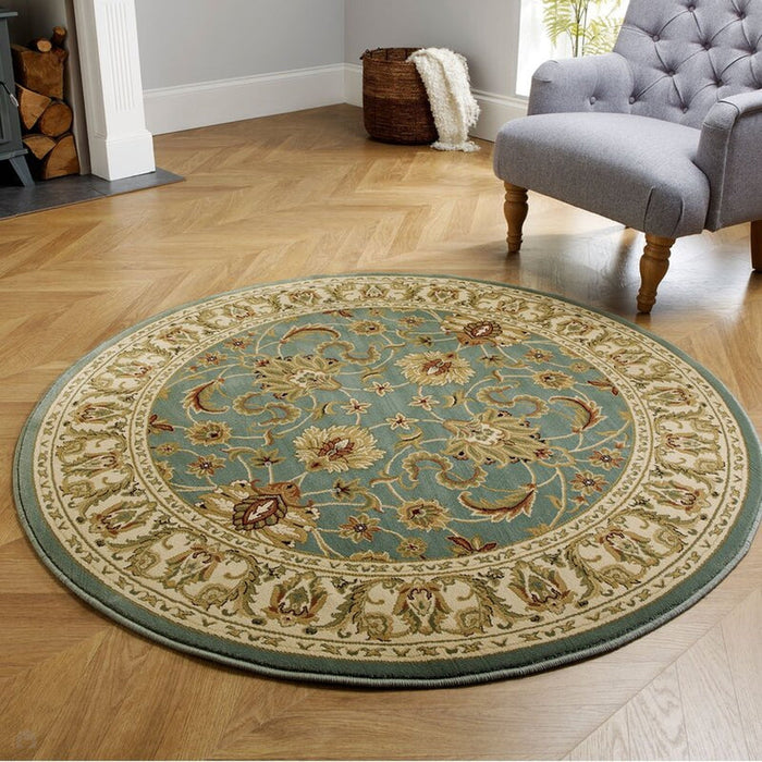 Kendra 45 L Traditional Persian Classic Floral Vine Bordered Stain-Resistant Aqua Green Turquoise Duck Egg Rug